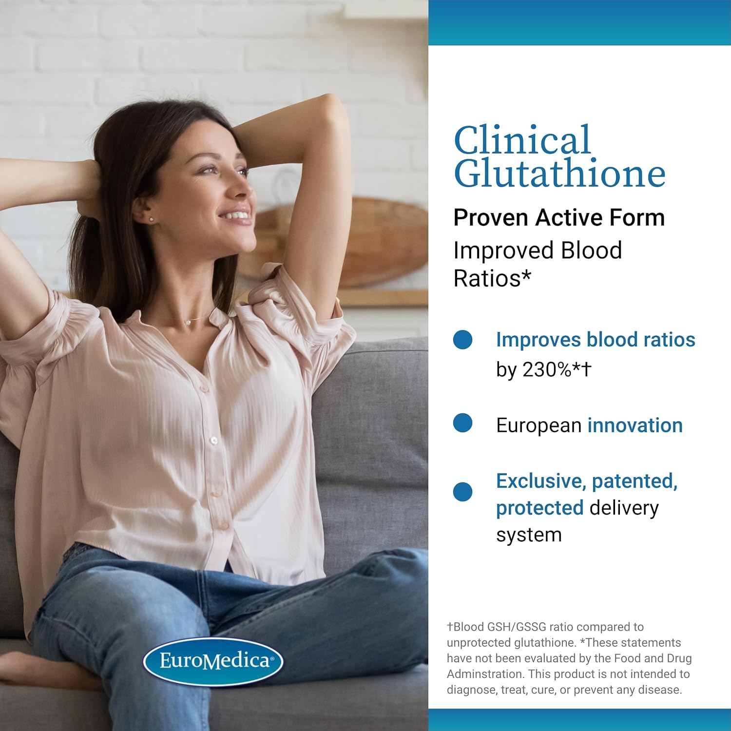 EuroMedica Clinical Glutathione - Suplemento Antioxidante con L-Glutation - Alta Absorción - Vegano - 60 Comprimidos de Disolución Lenta