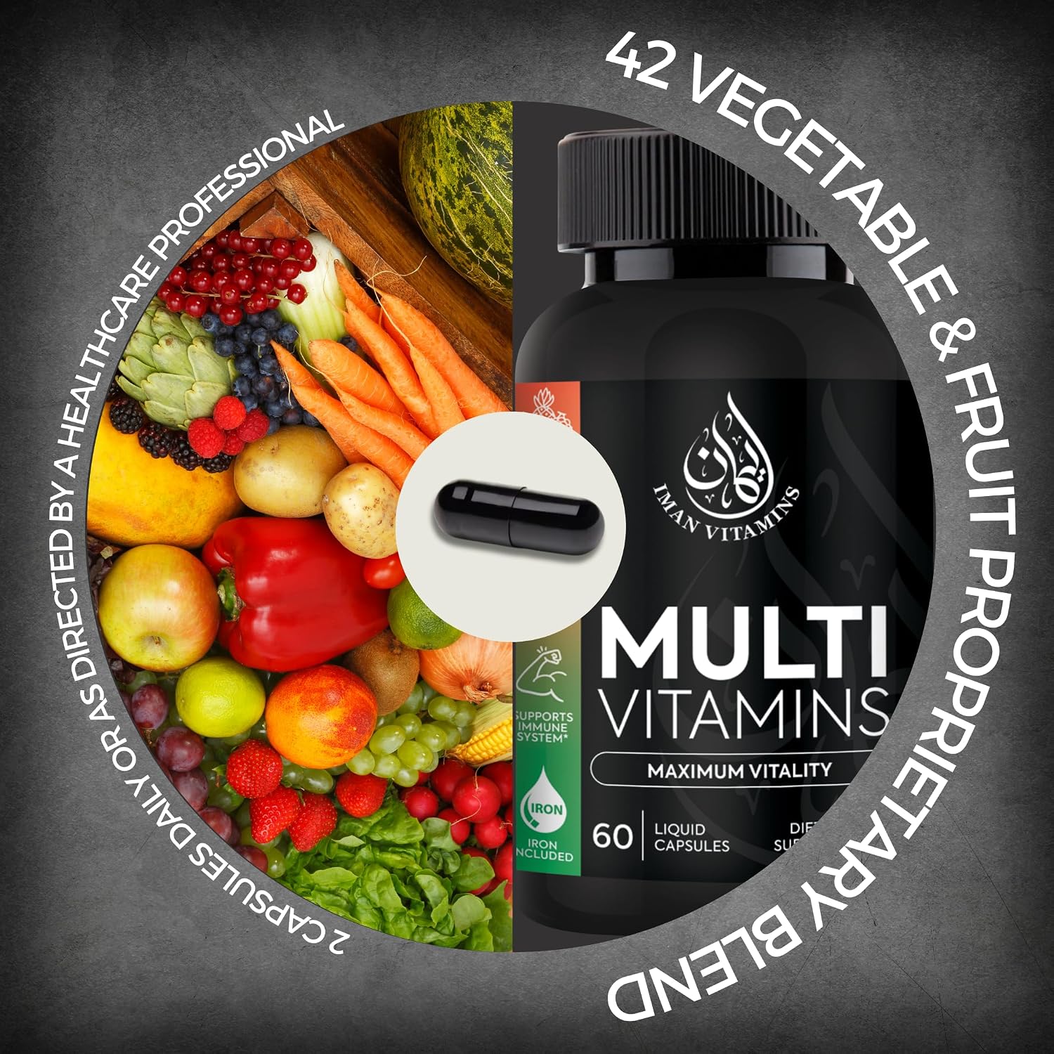 Iman Vitamins Halal Complete Multivitamin - Cápsulas Multivitamínicas para Adultos con 42 Frutas y Verduras, Hierro, Zinc, CoQ10 y Vitaminas