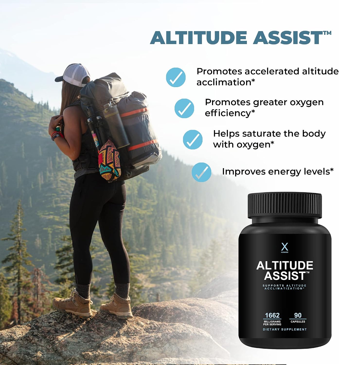 Altitude Assist - Prevención del Mal de Altura - Alivio para Deportes de Montaña - No Transgénico, Vegano, Keto - Fórmula para Aclimatación - HumanX