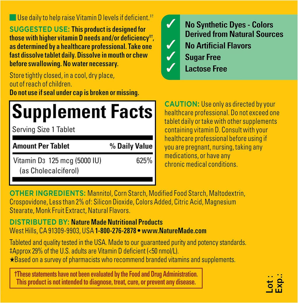 Nature Made Vitamina D3 5000 IU (125 mcg) Extra Strength, Comprimidos Bucodispersables Sin Azúcar, 70 Unidades