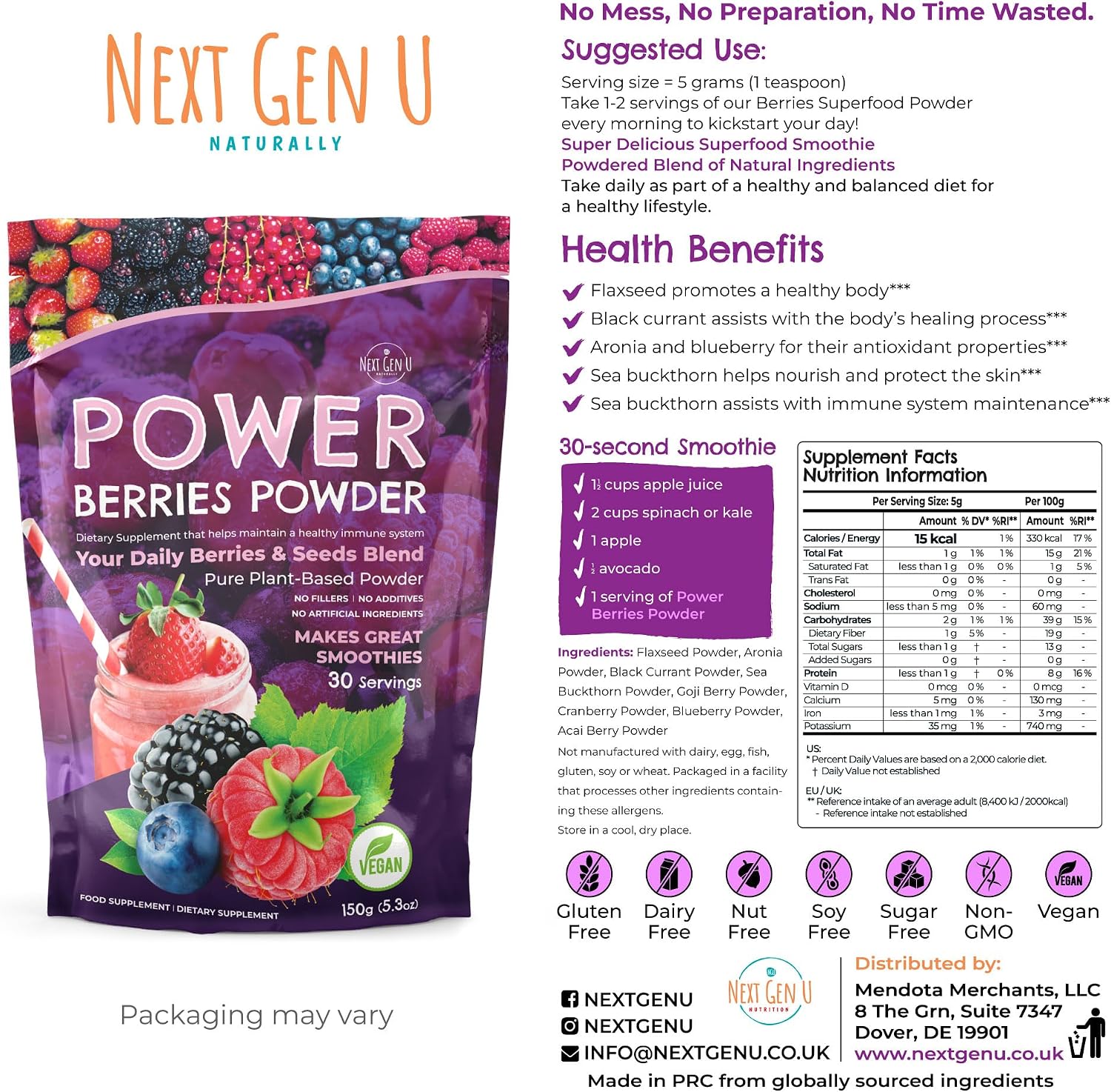 Super Berry Powder - 150g - Mezcla de Superfoods para Batidos - NextGenU