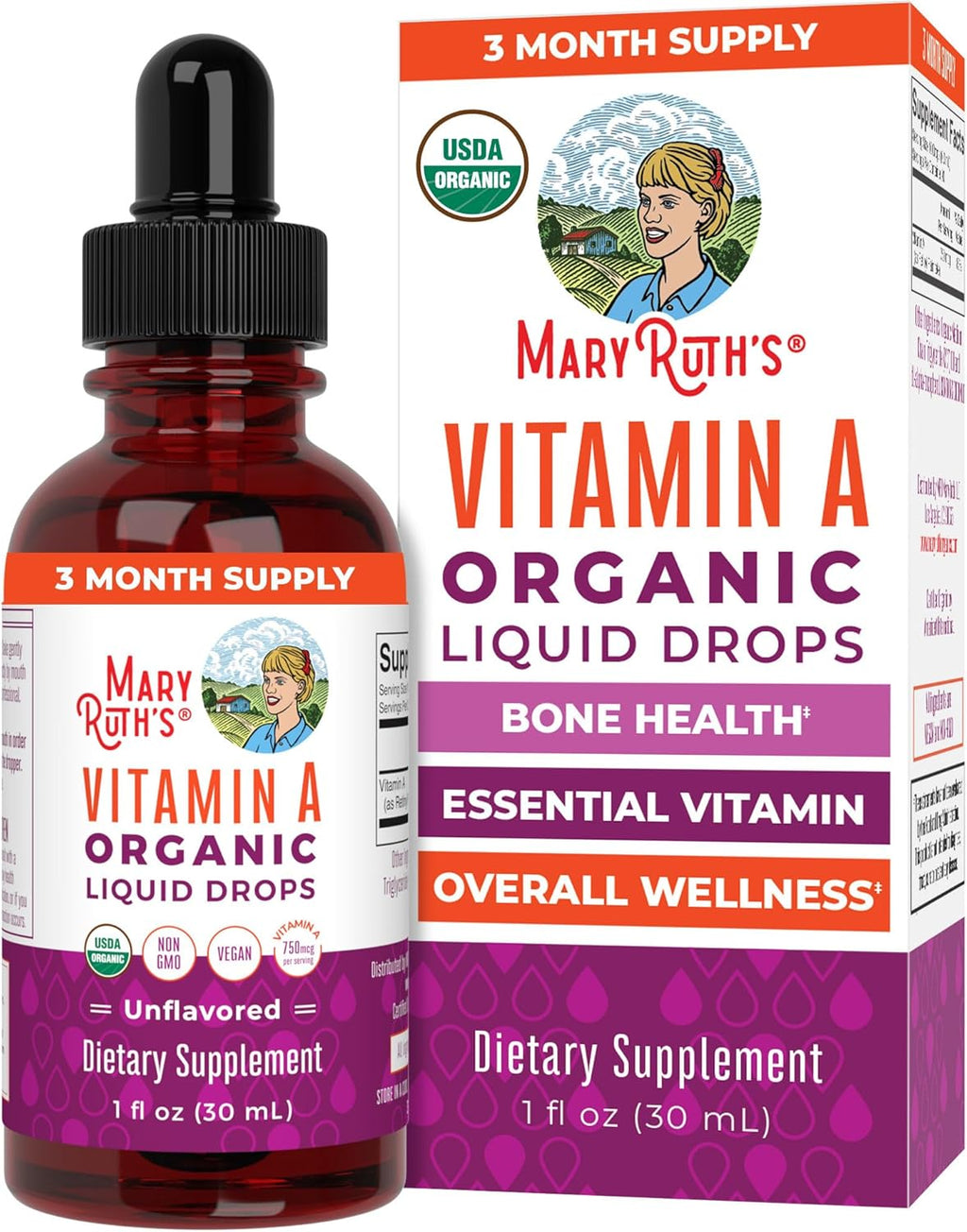 MaryRuth's Organics Gotas Líquidas Orgánicas de Vitamina A | 3 Meses de Suministro | Salud Ósea para Mayores de 14 Años | 750mcg por Ración | Sin Azúcar | Vegano | Sin OMG | Sin Gluten | 30ml