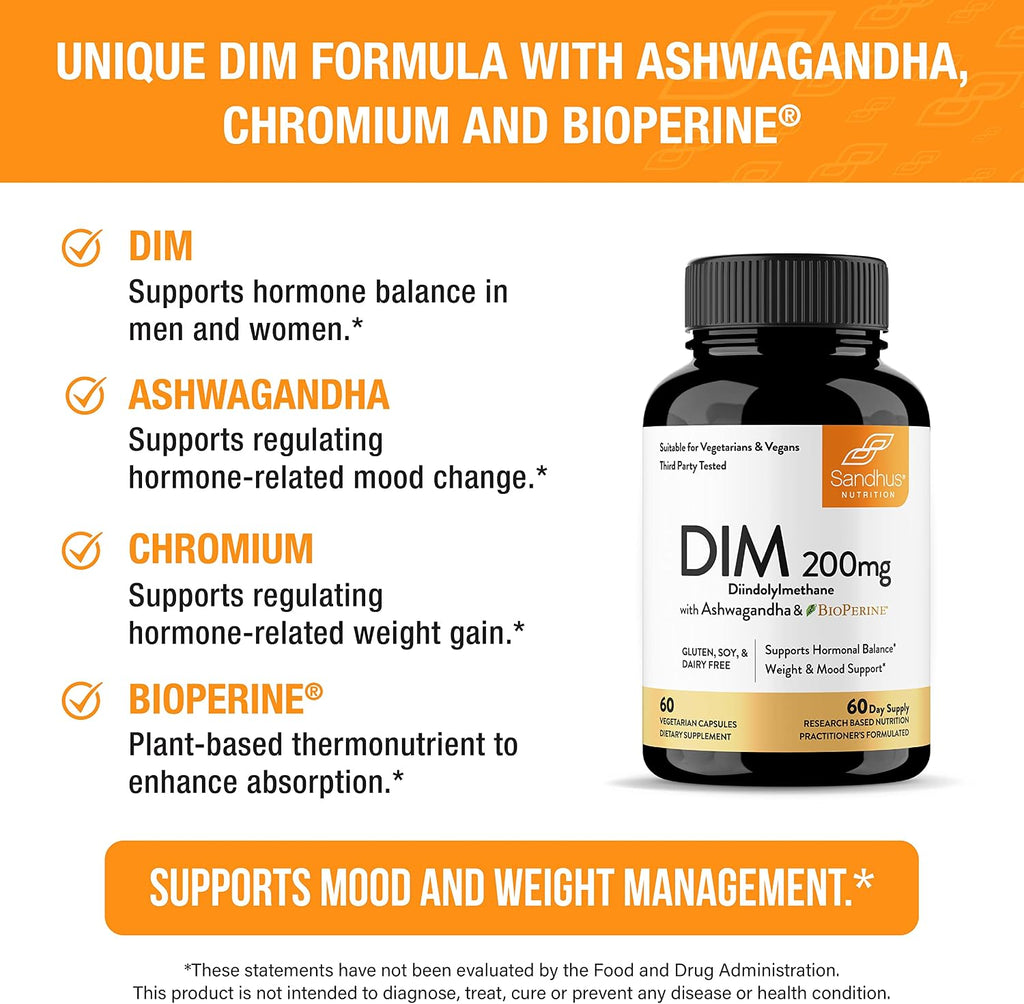Sandhu's DIM 200 mg - 60 Cápsulas - Diindolilmetano con Ashwagandha y Bioperina