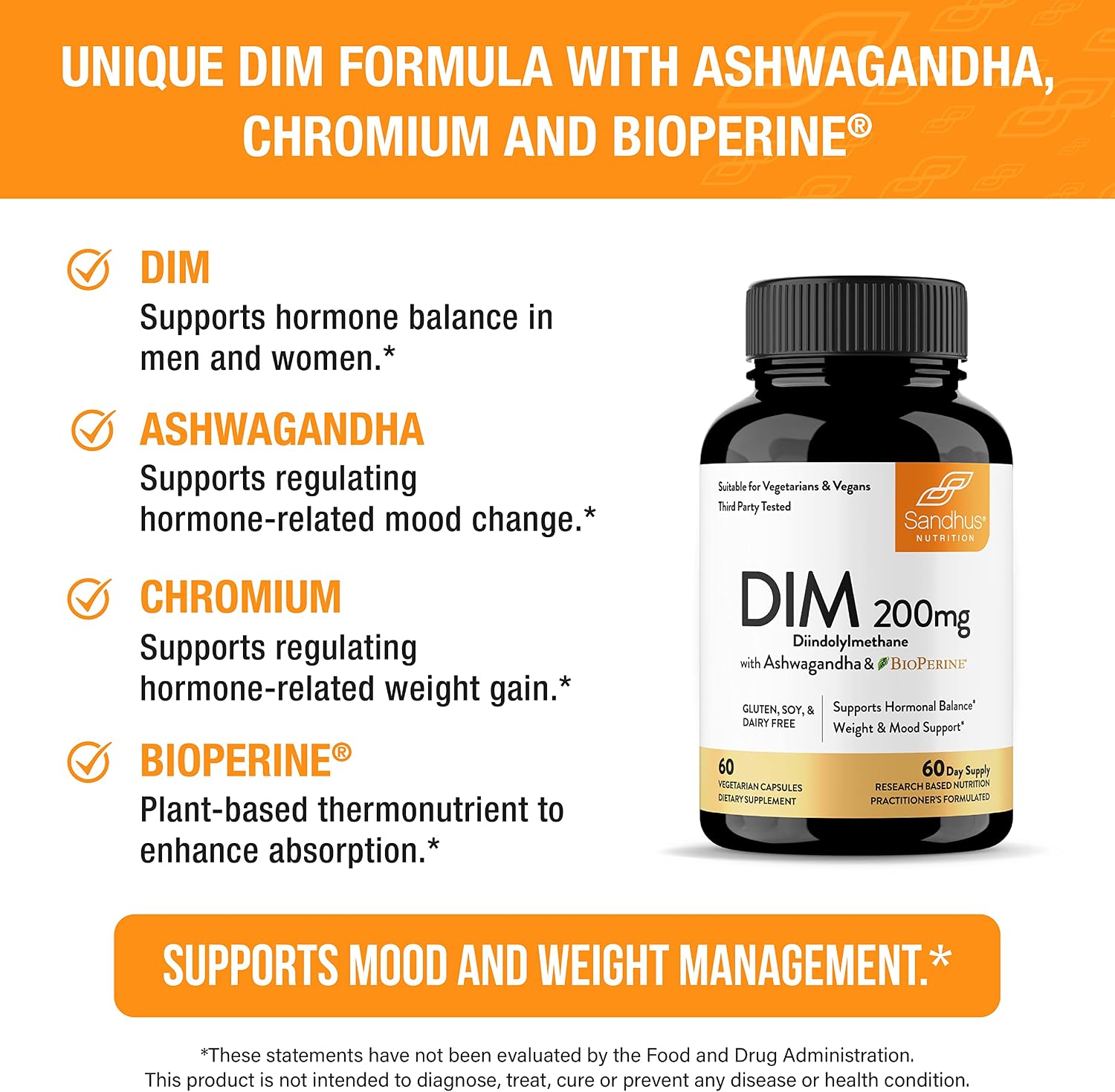 Sandhu's DIM 200 mg - 60 Cápsulas - Diindolilmetano con Ashwagandha y Bioperina