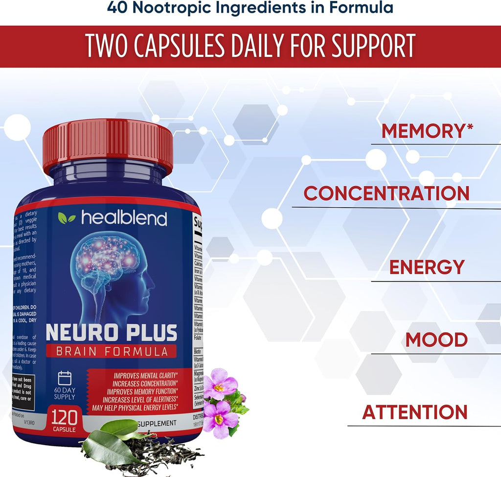 Neuro Plus Brain & Focus Formula - Nootrópico para Cerebro, Concentración y Claridad Mental - 120 Cápsulas