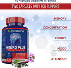 Neuro Plus Brain & Focus Formula - Nootrópico para Cerebro, Concentración y Claridad Mental - 120 Cápsulas