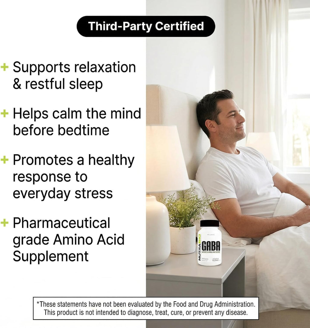 NutraBio 100% Pure GABA Supplement (Gamma-Aminobutyric Acid), 500mg - May Help with Healthy Sleep and Relaxation, 90 Capsules
