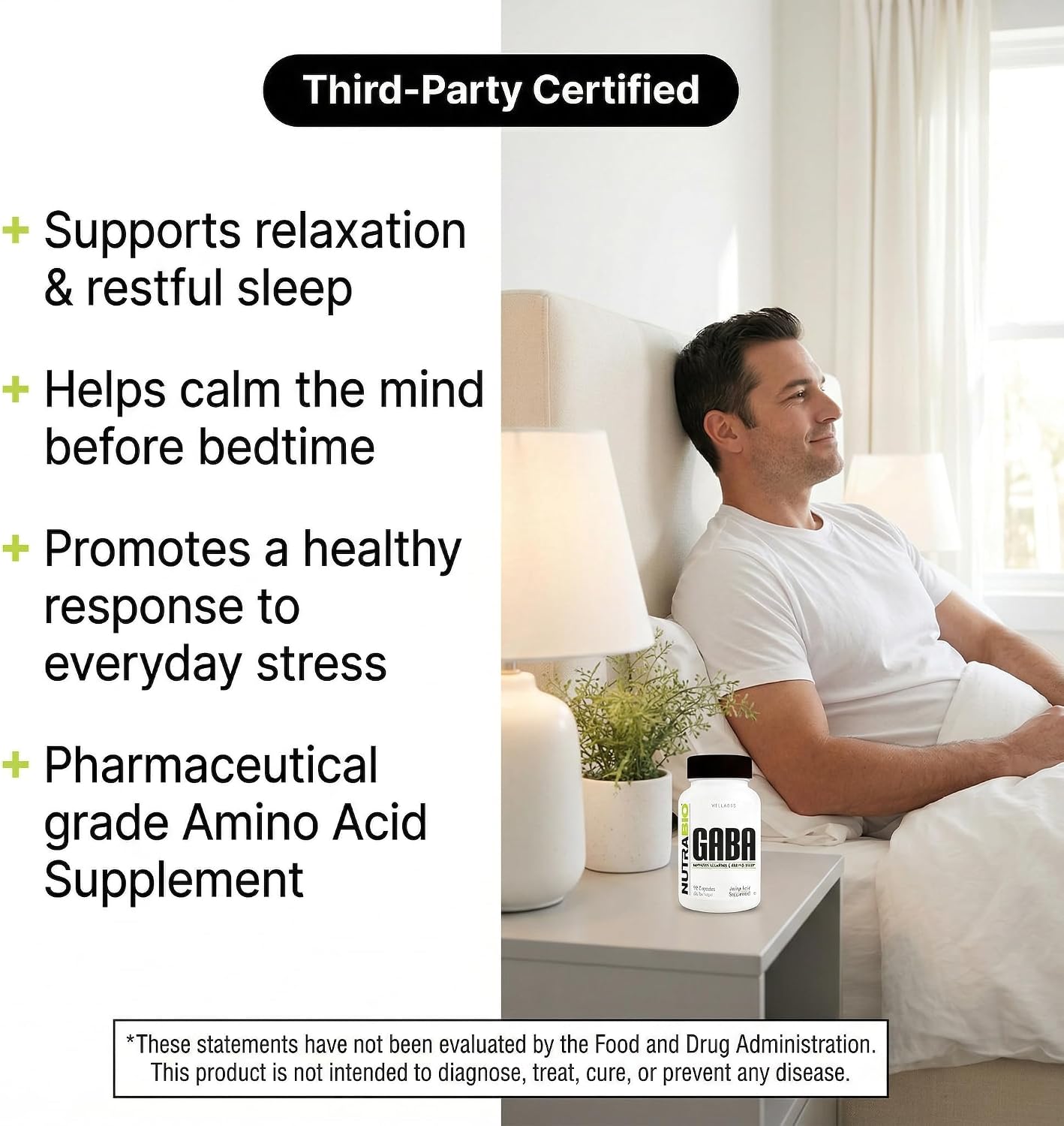 NutraBio 100% Pure GABA Supplement (Gamma-Aminobutyric Acid), 500mg - May Help with Healthy Sleep and Relaxation, 90 Capsules