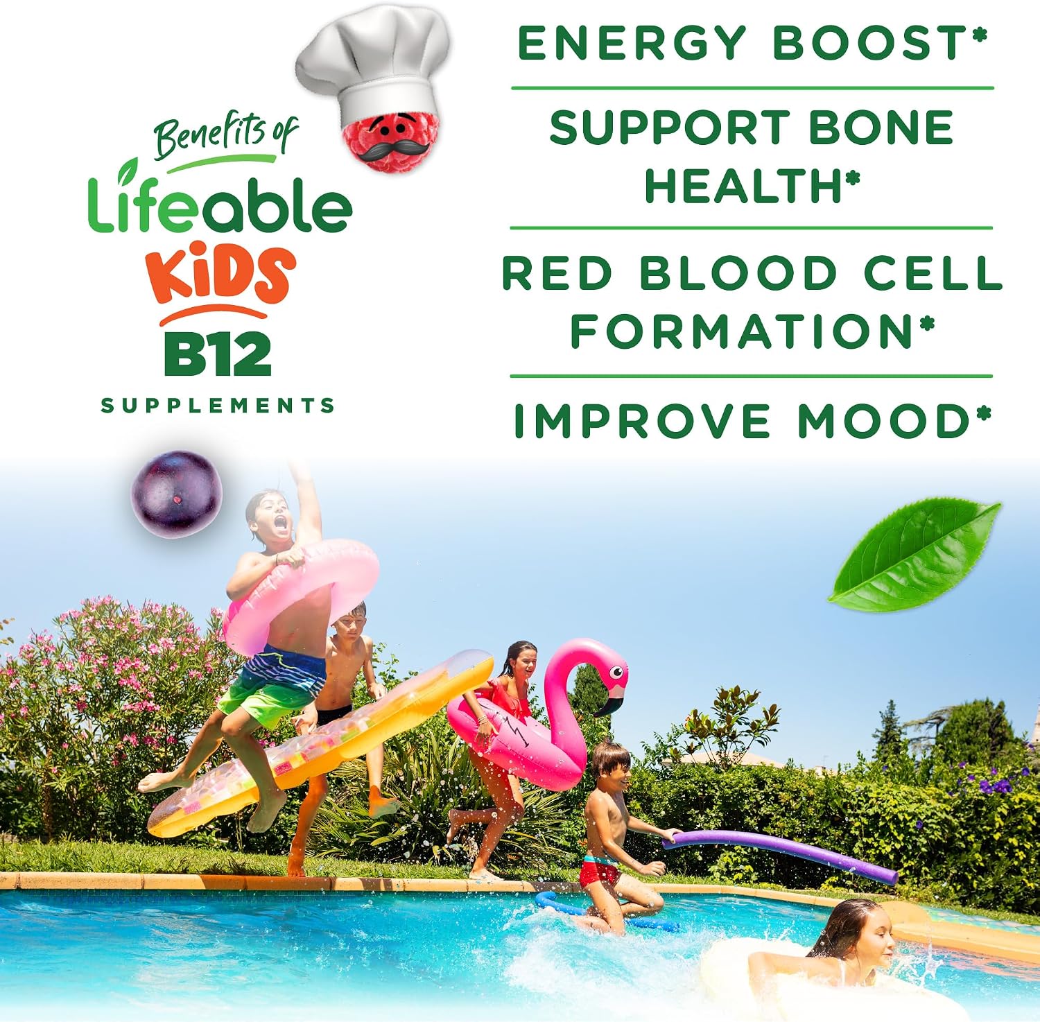 Lifeable Vitamina B12 para Niños | 1000 mcg | Gominolas de Vitamina B12 con Sabor a Frambuesa | Sin Gluten, Vegano | Apoyo para la Energía, el Estado de Ánimo y el Sistema Nervioso | 90 Gominolas
