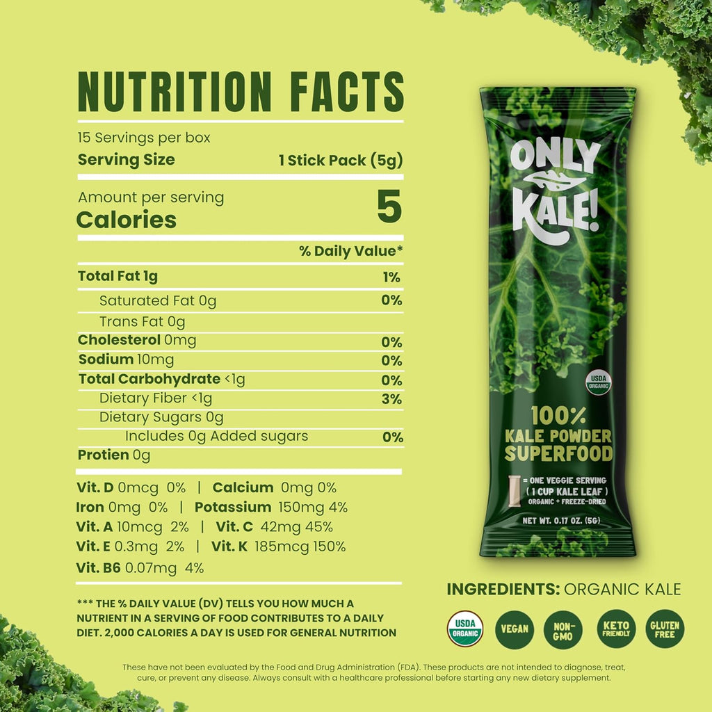 OnlyKale Kale en Polvo Ecológico - Superalimento Verde - 15 Sticks (1 Mes)