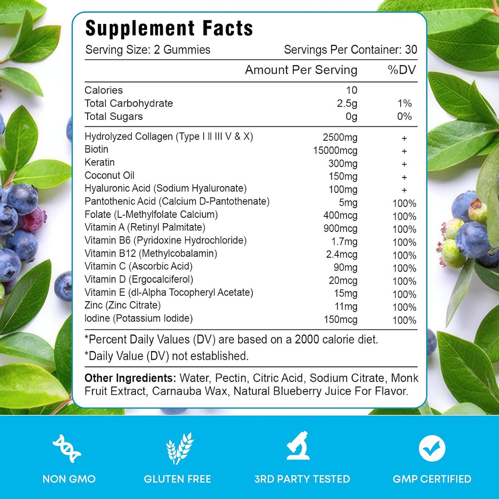 Vazatisi Gominolas de Biotina con Colágeno y Queratina para Cabello, Piel y Uñas - 60 unidades Sabor Arándano Azul