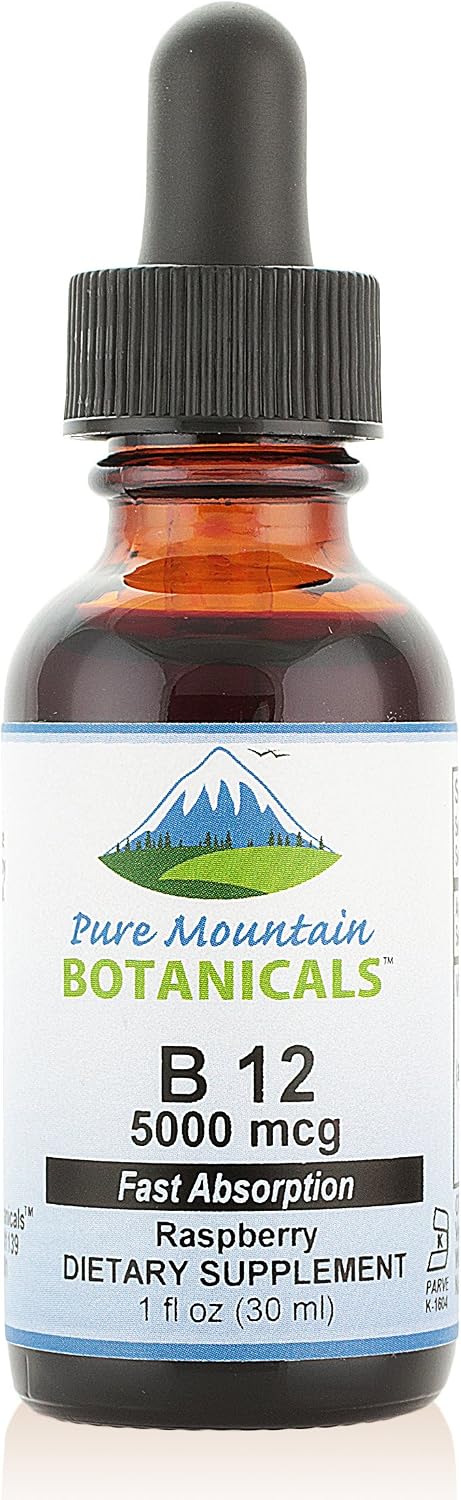 Pure Mountain Botanicals Vitamina B12 5000 mcg Gotas Líquidas – Sabor Natural a Bayas – 30 Dosis