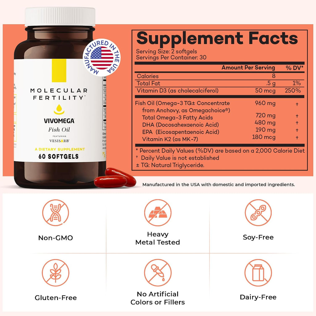 VIVOMEGA Fish Oil con VESIsorb® – Suplemento de Omega 3 con Vitamina D3 y K2 para el Bienestar Reproductivo – 60 Cápsulas Blandas