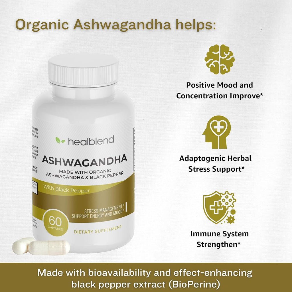 Organic Ashwagandha 1300mg con extracto de pimienta negra - Suplemento para el estado de ánimo y energía - 60 cápsulas