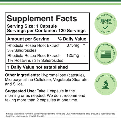 Rhodiola Rosea 500mg, 120 Cápsulas Veganas - Extracto Estandarizado (3% Salidrósidos, 1% Rosavinas) by Double Wood – Image 2
