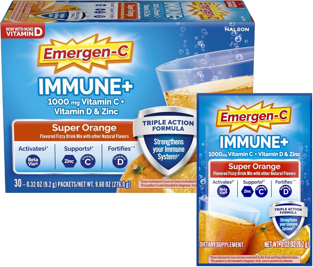 Emergen-C Immune+ Triple Action Immune Support Powder, BetaVia®, 1000mg Vitamin C, B Vitamins, Vitamin D, and Antioxidants, Super Orange – 30 Count