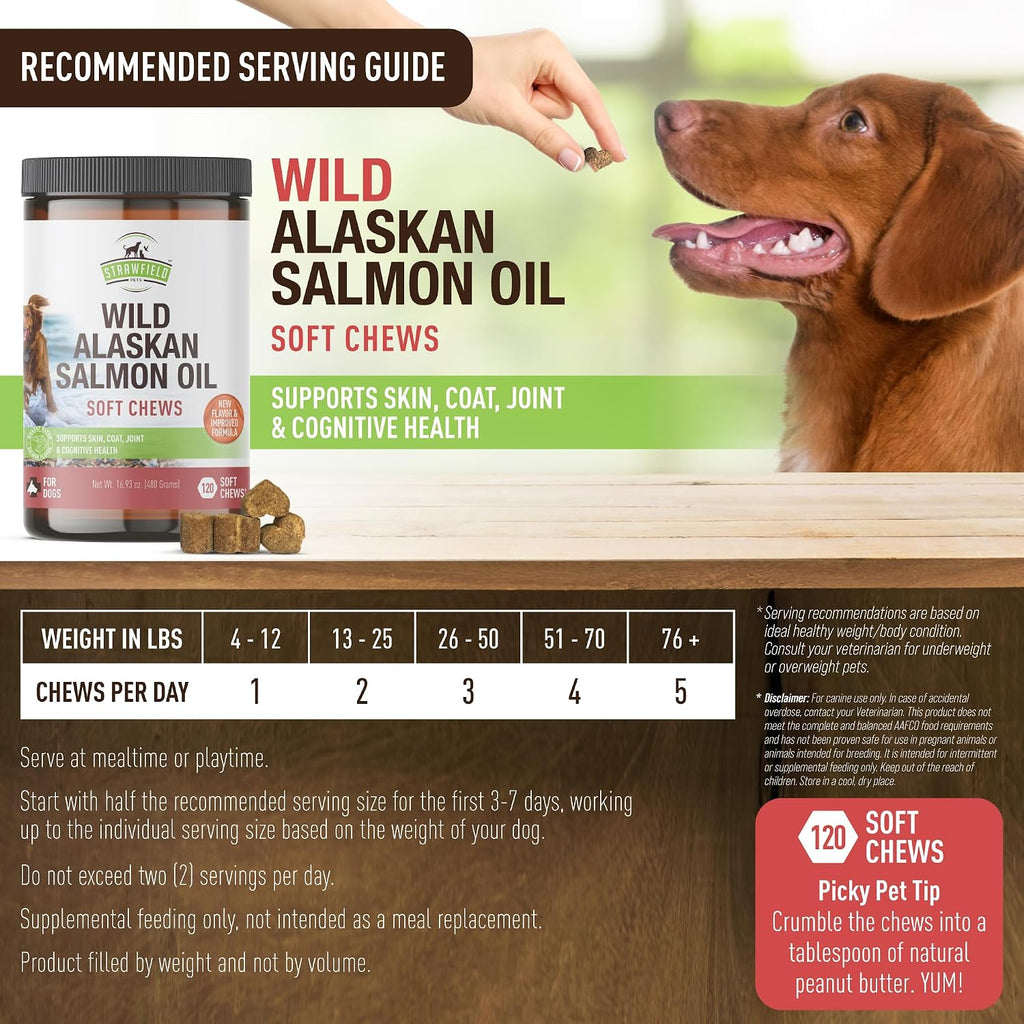 Strawfield Pets Masticables de Salmón para Perros con Omega 3 - Aceite de Salmón Salvaje de Alaska para Piel, Pelaje y Articulaciones