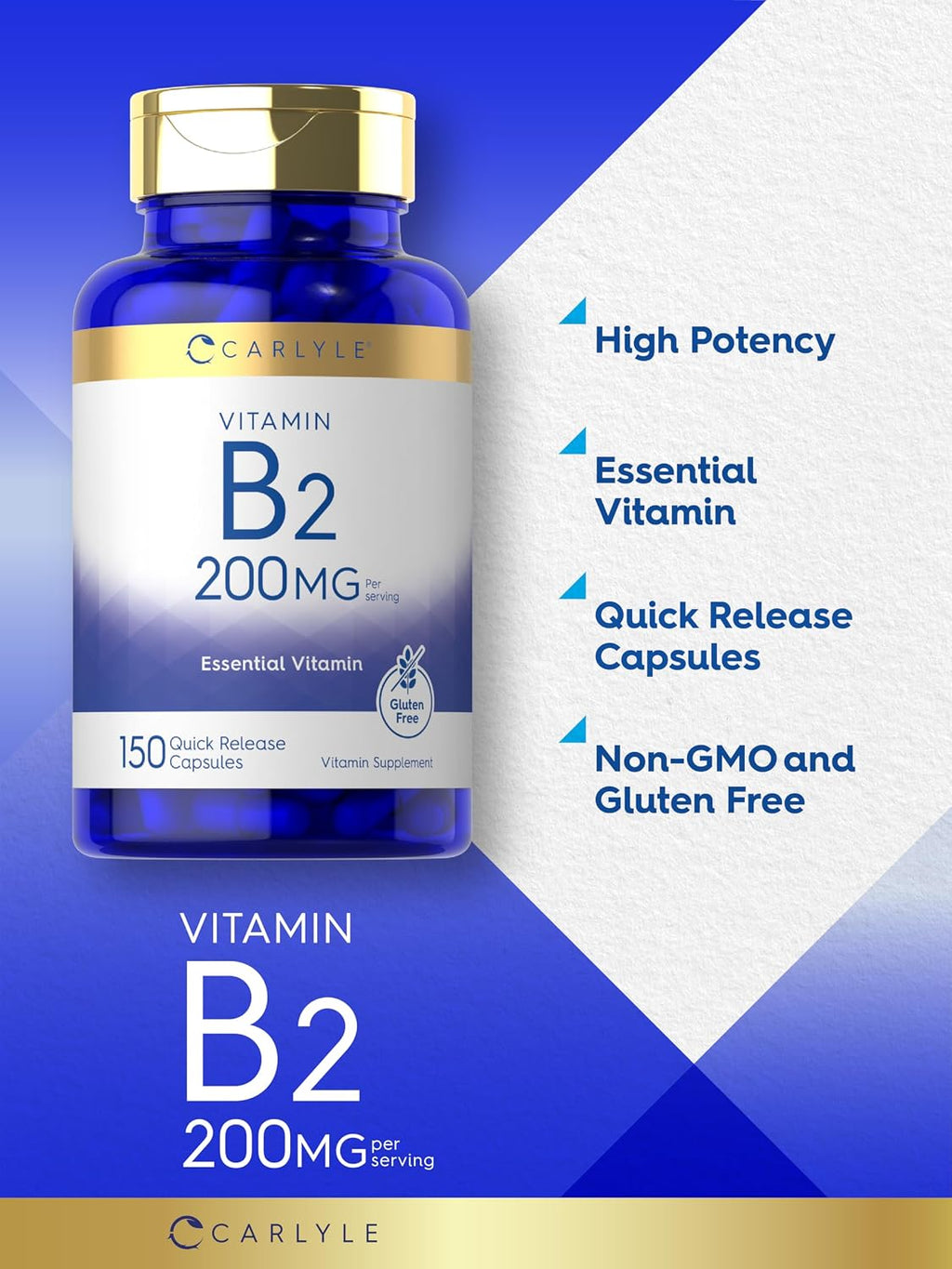 Carlyle Vitamina B2 200mg | 150 Cápsulas | Riboflavina | Sin OGM y Sin Gluten