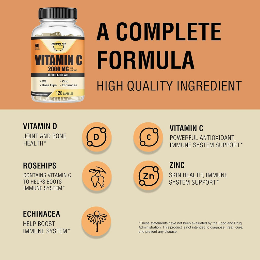Happi Mi Nutrition Vitamina C 2000 mg con Zinc y Vitamina D3 - 120 Cápsulas Veganas