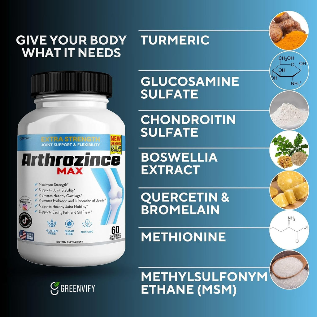 Arthrozince Max Extra Strength Joint Support – Glucosamina, Condroitina, MSM, Boswellia, Cúrcuma – 60 Cápsulas