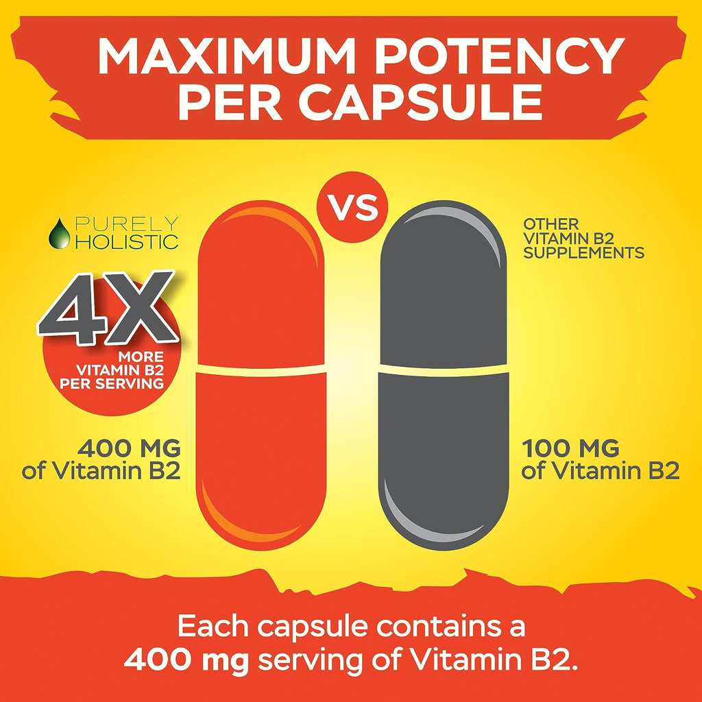 Purely Holistic Vitamina B2 Riboflavina 400mg - 240 Cápsulas Veganas, Suministro para 8 Meses - Alta Potencia - No OGM y Sin Gluten - Apoya la Producción de Energía y la Salud Celular