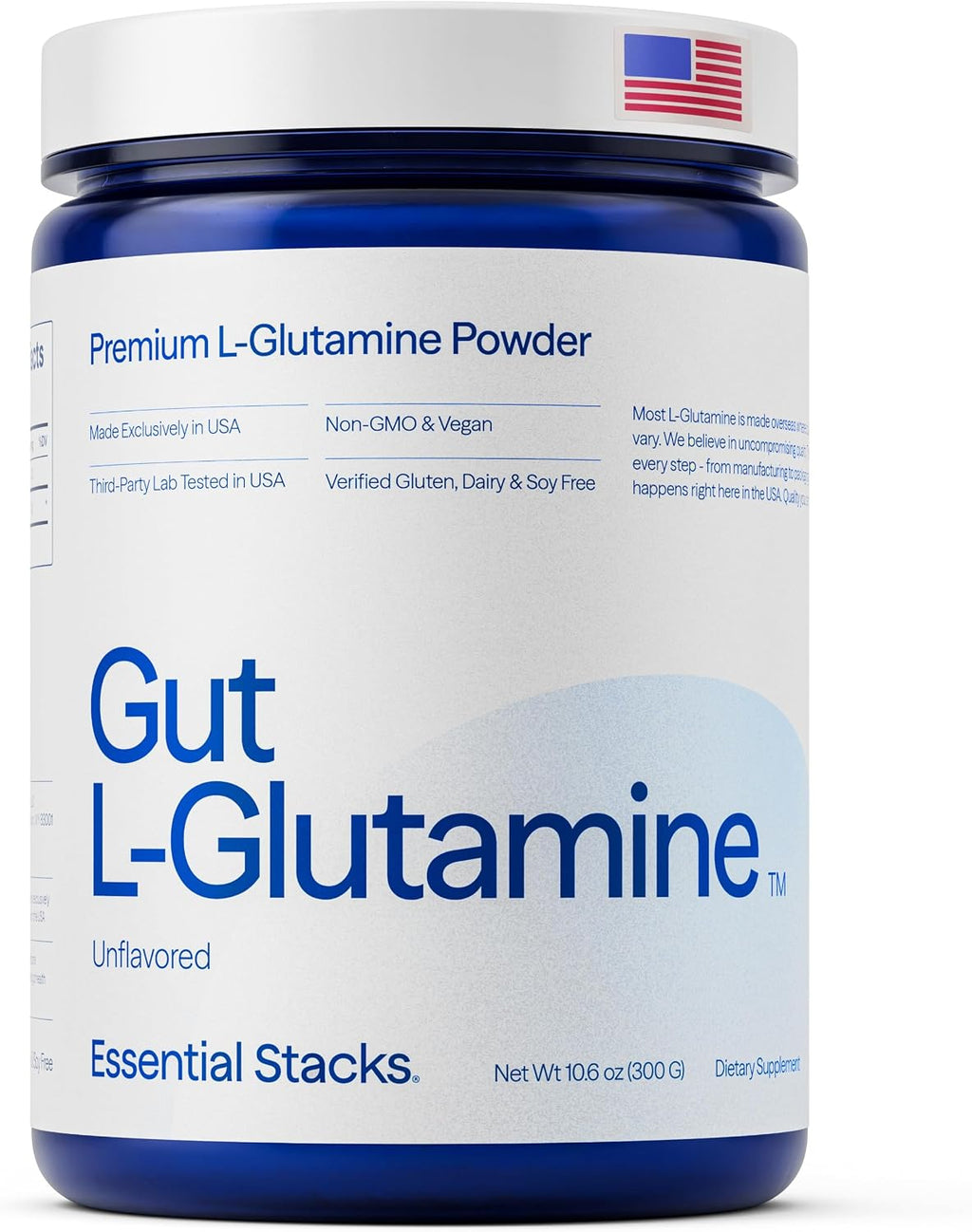 Essential Stacks Gut L-Glutamine Powder - Polvo de L-Glutamina Pura para la Salud Intestinal (60 Dosis, Sin Sabor)
