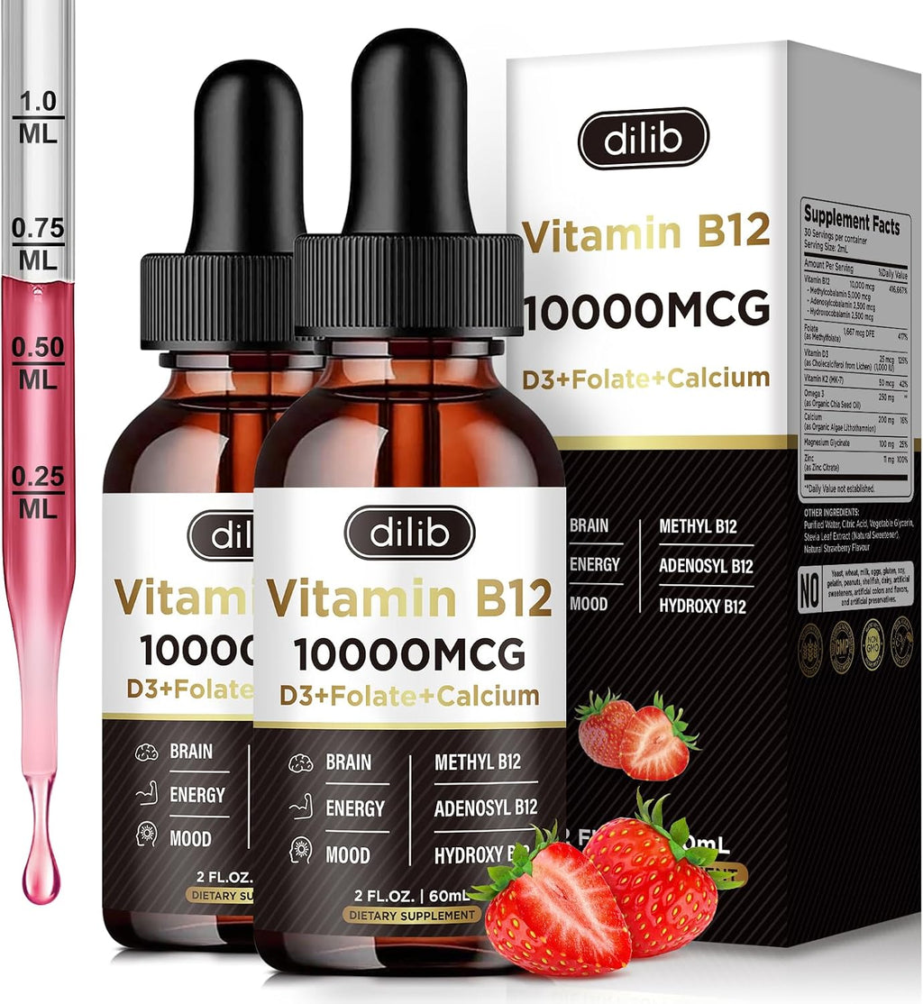 Vitamin B12 Liquid Drops Sublingual 10000 mcg, Complexo Triple B-12 con Metilcobalamina, Adenosilcobalamina e Hidroxocobalamina, 2 Envases