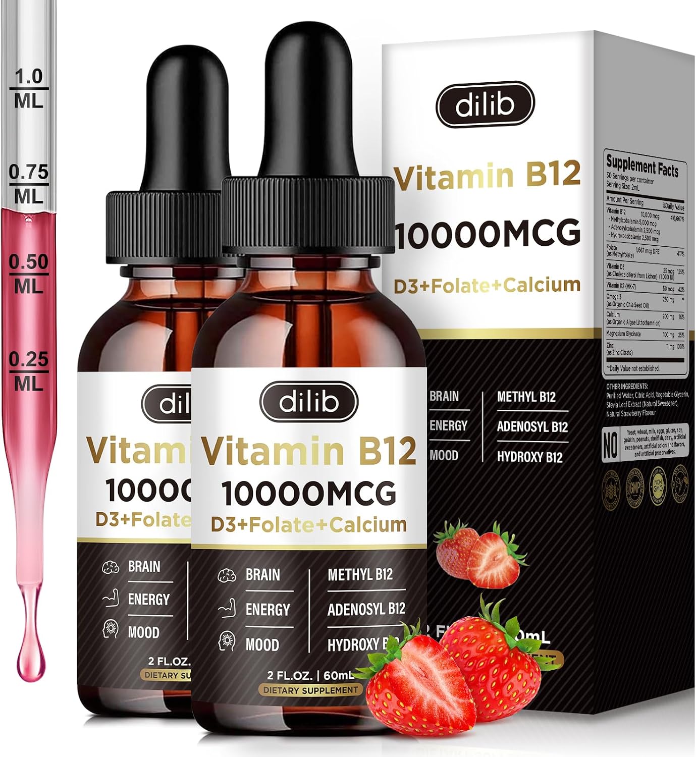 Vitamin B12 Liquid Drops Sublingual 10000 mcg, Complexo Triple B-12 con Metilcobalamina, Adenosilcobalamina e Hidroxocobalamina, 2 Envases