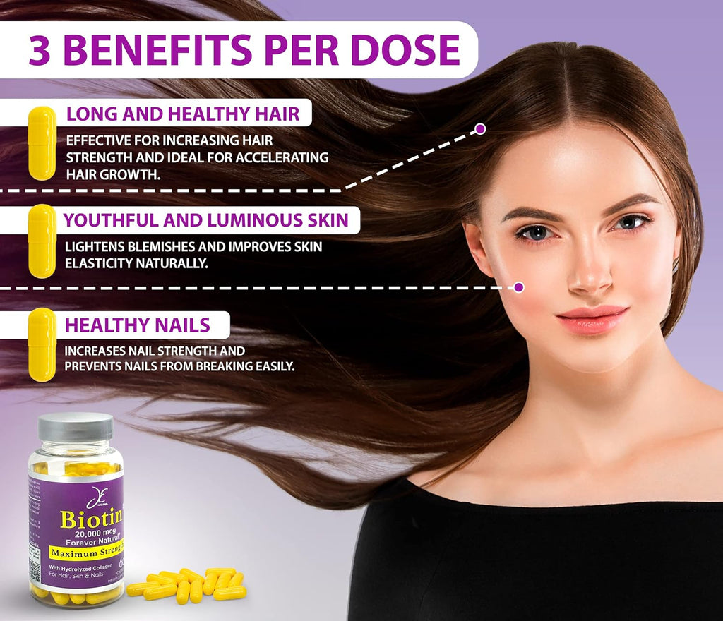 JE Natural Biotina para Cabello, Piel y Uñas, 20.000 μg, con Vitamina C y Colágeno, 60 Cápsulas