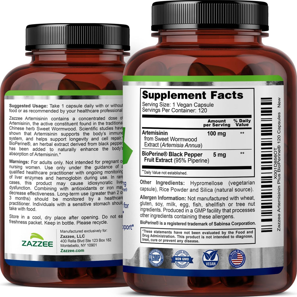 Zazzee Artemisinina de Alta Absorción, 100 mg por Cápsula, 120 Cápsulas Veganas, con 5 mg de BioPerine