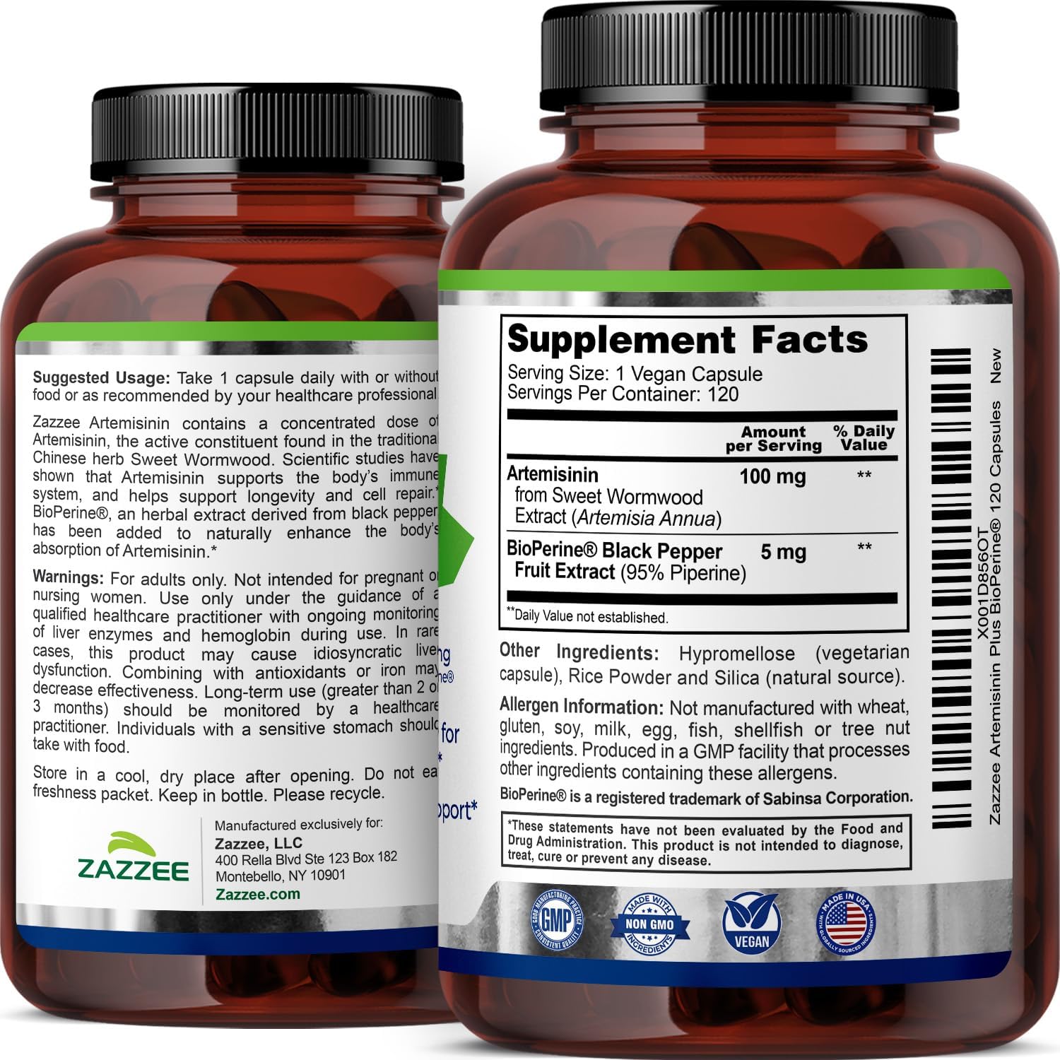 Zazzee Artemisinina de Alta Absorción, 100 mg por Cápsula, 120 Cápsulas Veganas, con 5 mg de BioPerine