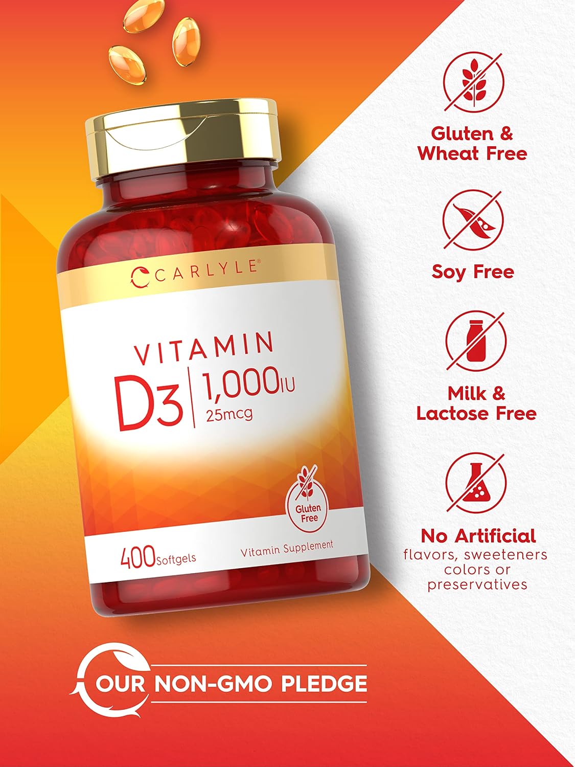 Carlyle Vitamina D3 1000IU | 25 mcg | 400 Cápsulas Blandas | Alta Potencia | No-GMO y Sin Gluten