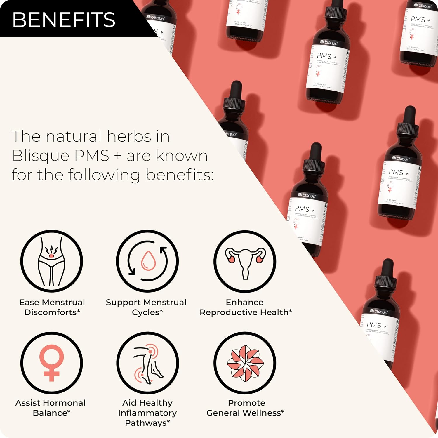 Blisque PMS+ – Suplemento Natural para el Síndrome Premenstrual, Alivio de Cólicos e Hinchazón | Equilibrio Hormonal | Vegano y No-GMO | 59 ml | 59 Dosis