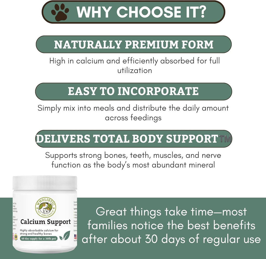 Wholistic Pet Organics Pure Powder Calcium - Calcio en Polvo para Perros y Gatos - 60 Dosis