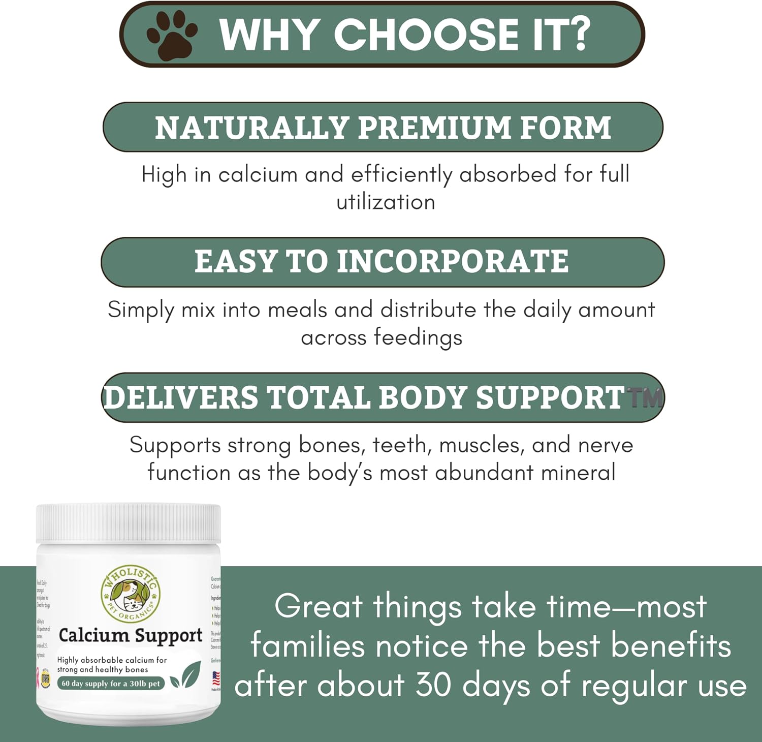 Wholistic Pet Organics Pure Powder Calcium - Calcio en Polvo para Perros y Gatos - 60 Dosis