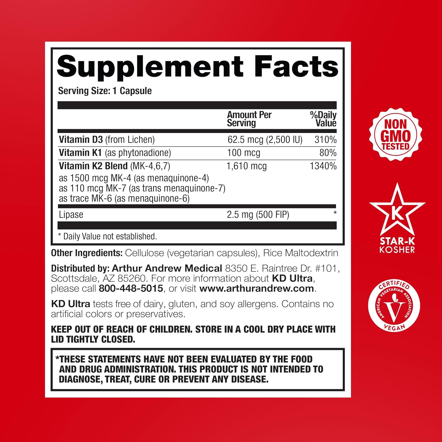 Arthur Andrew Medical KD Ultra Vitamina D3 y K2, 90 Cápsulas