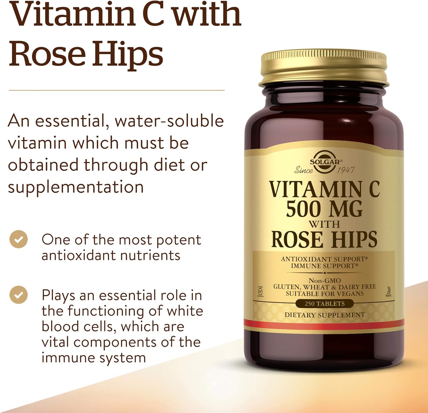 Solgar Vitamina C 500 mg con Rosa Mosqueta, 250 Comprimidos
