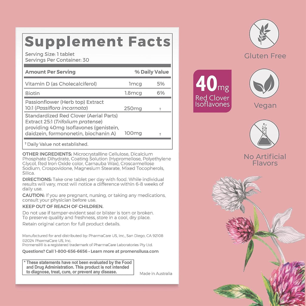 Promensil Perimenopause, Suplemento para Mujeres con Isoflavonas de Trébol Rojo, Biotina y Vitamina D, 30 Comprimidos
