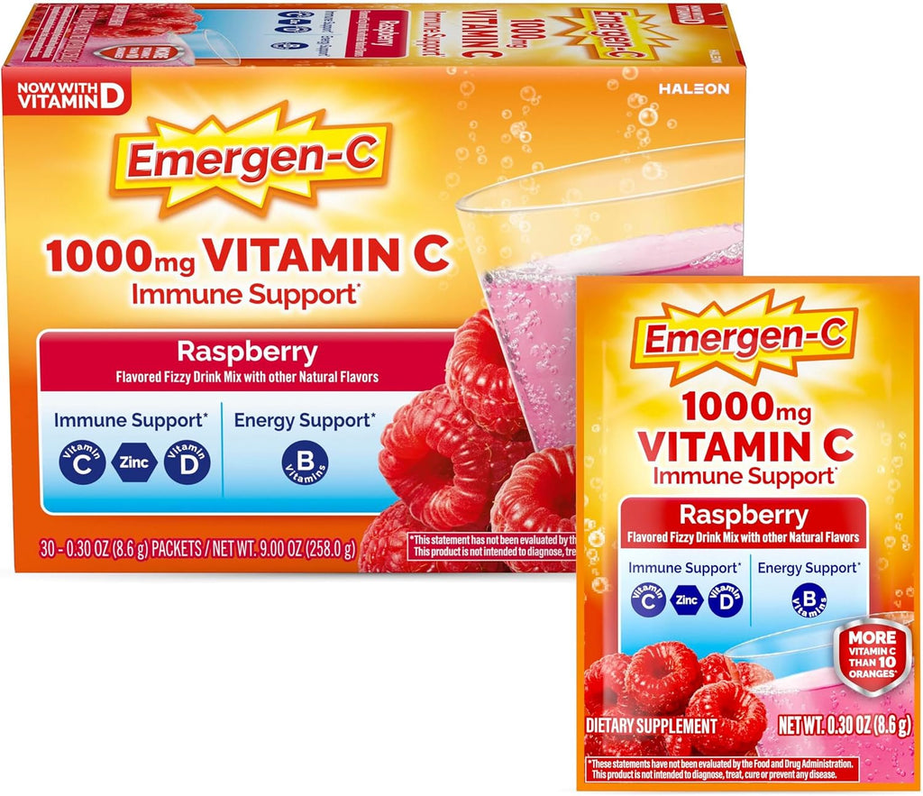 Emergen-C 1000 mg Vitamina C, Sabor Frambuesa, 30 Sobres