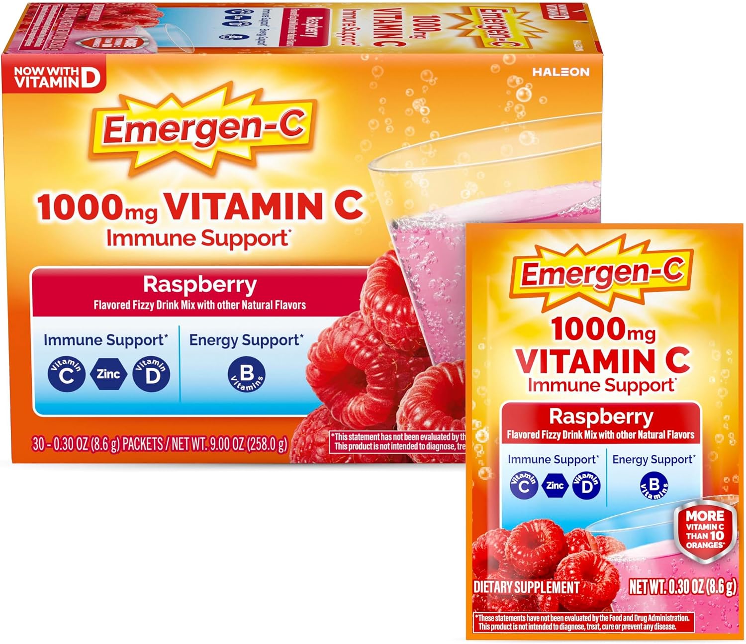 Emergen-C 1000 mg Vitamina C, Sabor Frambuesa, 30 Sobres