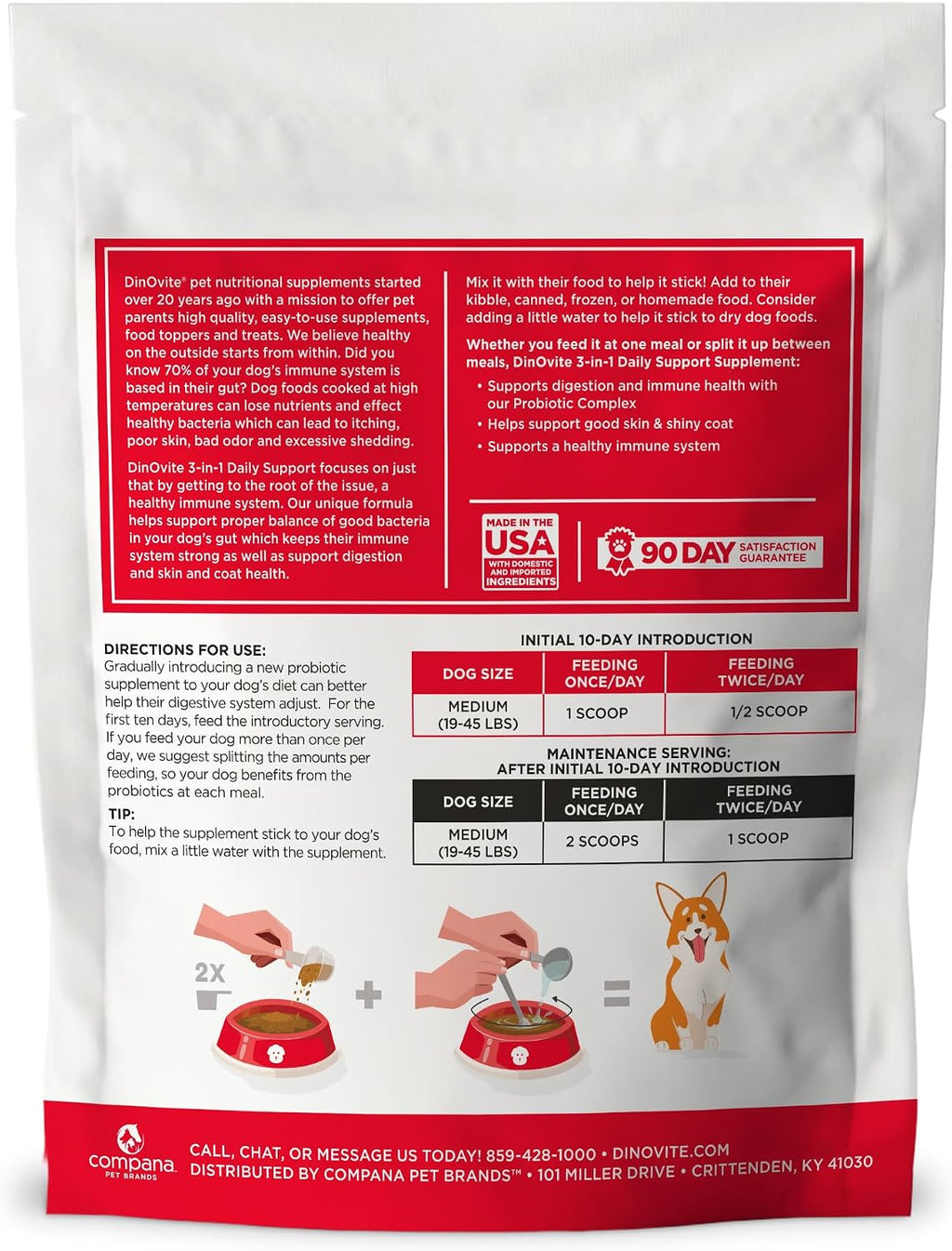 Dinovite Probióticos para Perros - Suplemento en Polvo para Perros Medianos (18-45 lb) - 90 Dosis