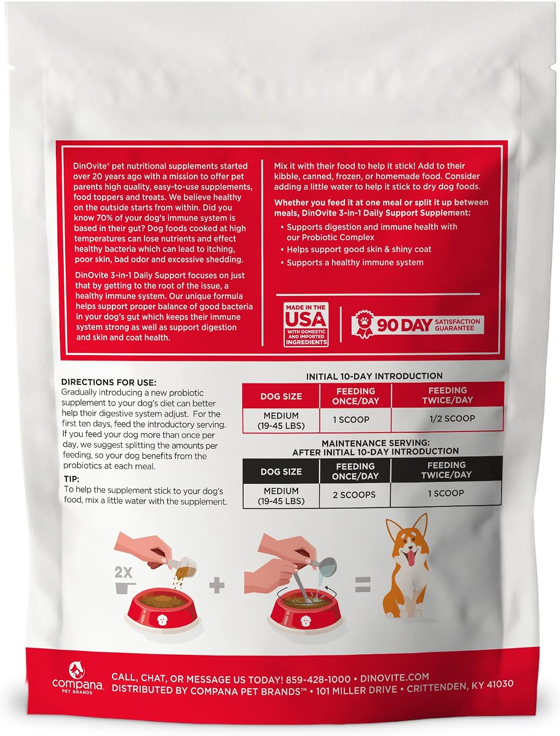 Dinovite Probióticos para Perros - Suplemento en Polvo para Perros Medianos (18-45 lb) - 90 Dosis