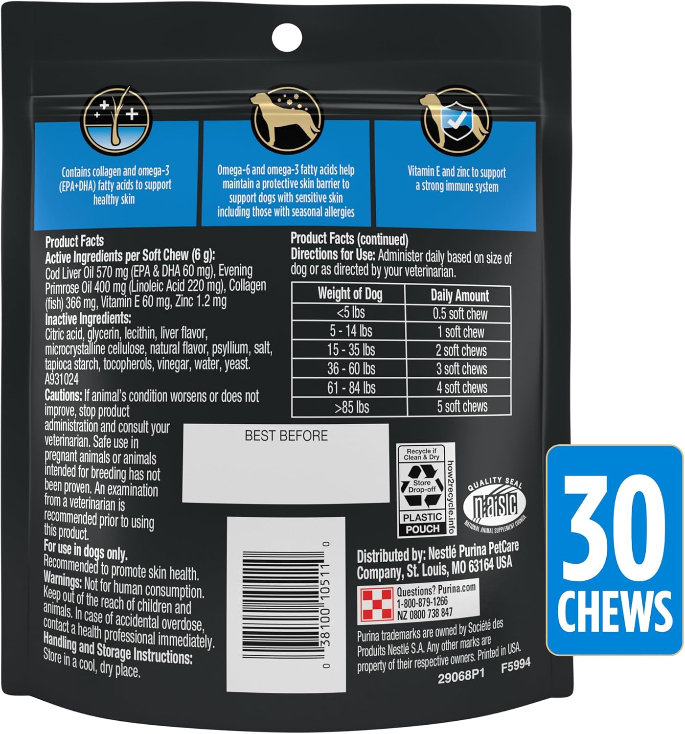 Purina Pro Plan Suplemento de Cuidado de la Piel para Perros con Aceite de Pescado Omega-3, EPA y DHA