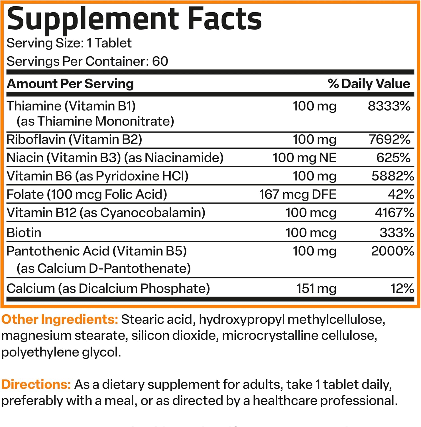 Bronson Super B100 Complejo de Vitamina B Liberación Sostenida con Todas las Vitaminas B (Vitamina B1, B2, B3, B6, B9 - Ácido Fólico, B12), 60 Comprimidos