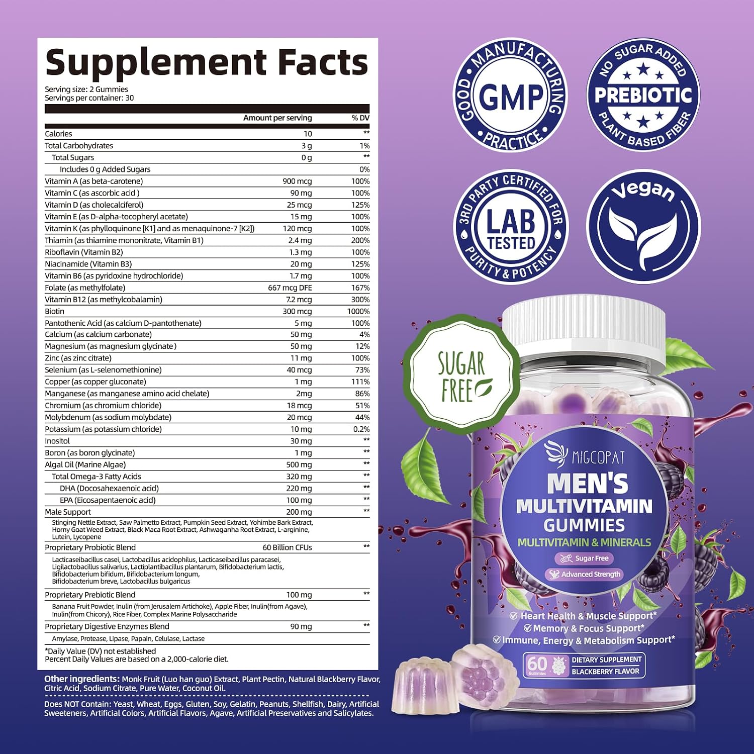 Multivitamínico para Hombres con Omega-3 y Probióticos - Gominolas sin Azúcar, Sabor Mora