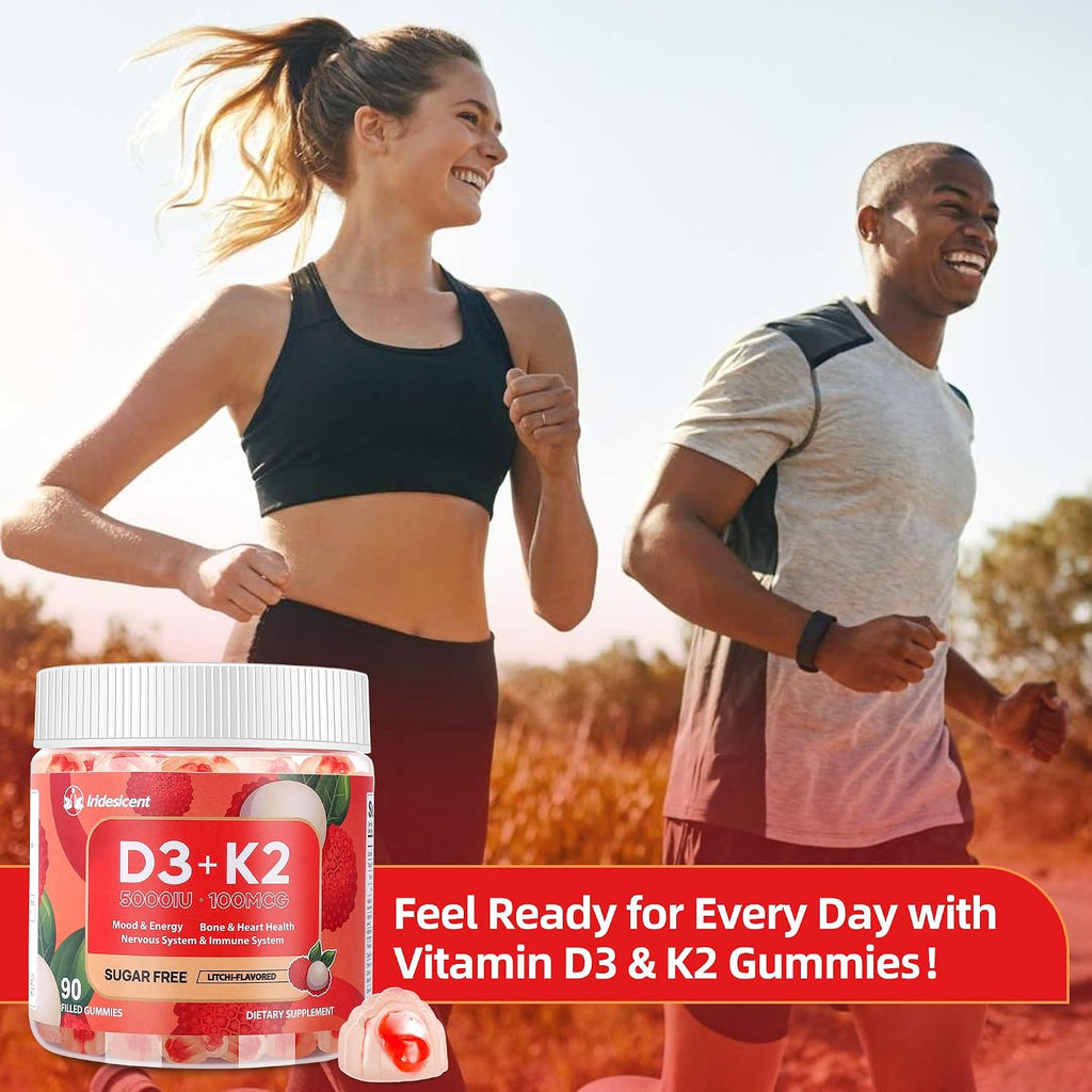 IRIDESICENT Gominolas de Vitamina D3 y K2 Sin Azúcar - 90 uds | 5000 UI D3 + 100 mcg K2 (MK-7) | Vegano, Sabor Lychee