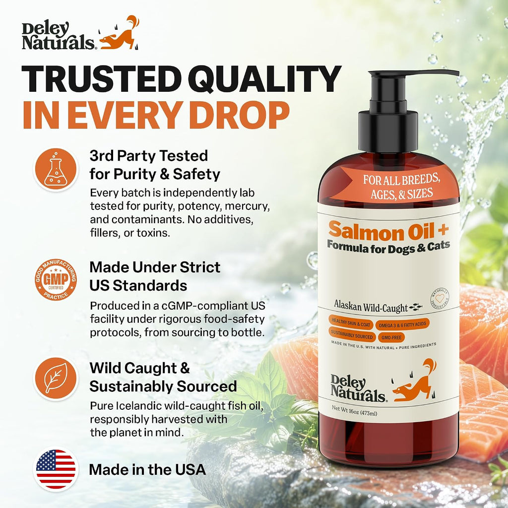 Deley Naturals Aceite de Salmón Salvaje de Alaska para Perros y Gatos - Fórmula Plus Mejorada - 473ml