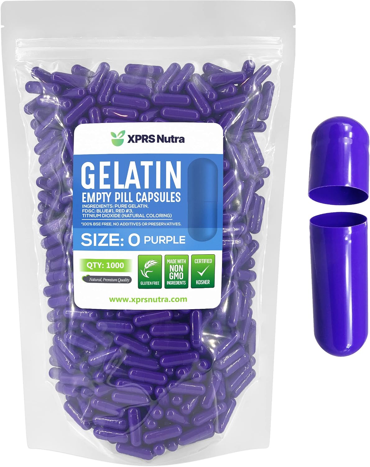 XPRS Nutra Cápsulas Vacías Tamaño 0 - 1000 Unidades de Gelatina Bovina para Llenar Tus Propios Suplementos (Púrpura)