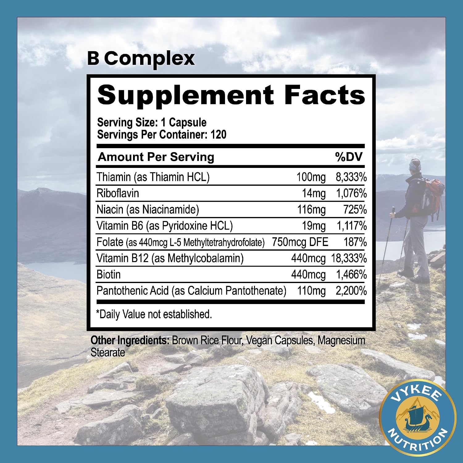 Vykee Nutrition Complejo B – Vitaminas B de Alta Potencia con Folato 750mcg, B12 440mcg y Biotina – Vegano y No GMO – 120 Cápsulas