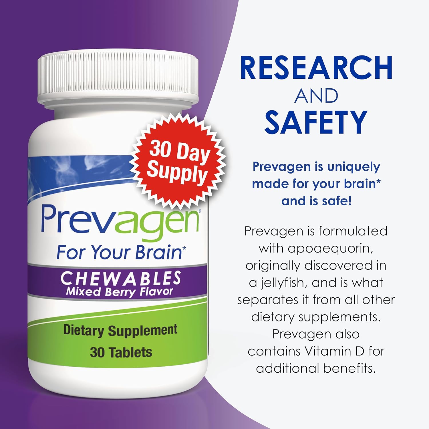 Prevagen Regular Strength Comprimidos Masticables Sabor a Bayas Mixtas - 30 Comprimidos (Suministro para 1 Mes) | Formulado para el Cerebro | 10 mg de Apoaequorina más Vitamina D3